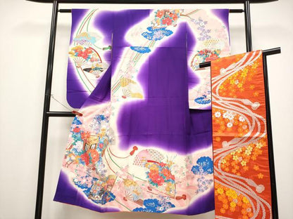 平和屋着物[]極上　七五三　女の子　7歳　祝着・袋帯セット　駒刺繍　扇面御所車花文　暈し染め　金銀彩　逸品　CYAA4460s6