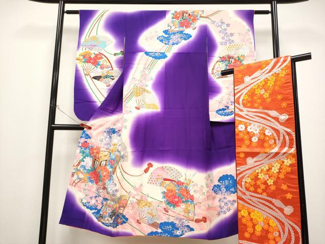 平和屋着物[]極上　七五三　女の子　7歳　祝着・袋帯セット　駒刺繍　扇面御所車花文　暈し染め　金銀彩　逸品　CYAA4460s6