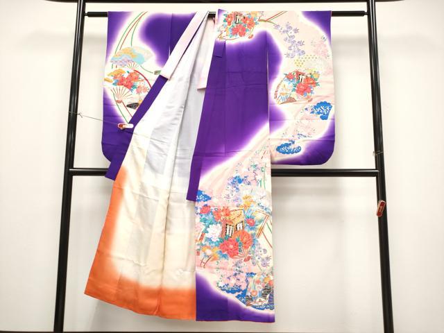 平和屋着物[]極上　七五三　女の子　7歳　祝着・袋帯セット　駒刺繍　扇面御所車花文　暈し染め　金銀彩　逸品　CYAA4460s6