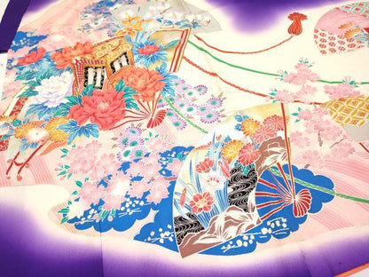 平和屋着物[]極上　七五三　女の子　7歳　祝着・袋帯セット　駒刺繍　扇面御所車花文　暈し染め　金銀彩　逸品　CYAA4460s6