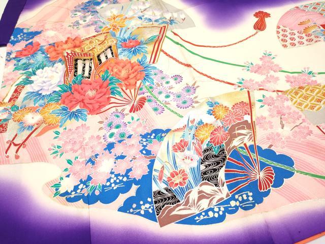 平和屋着物[]極上　七五三　女の子　7歳　祝着・袋帯セット　駒刺繍　扇面御所車花文　暈し染め　金銀彩　逸品　CYAA4460s6