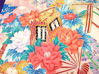 平和屋着物[]極上　七五三　女の子　7歳　祝着・袋帯セット　駒刺繍　扇面御所車花文　暈し染め　金銀彩　逸品　CYAA4460s6