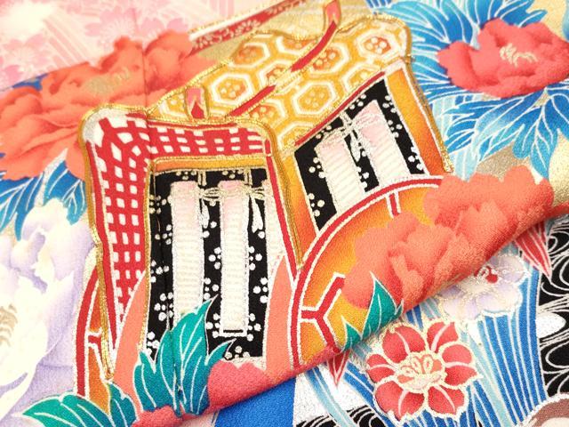 平和屋着物[]極上　七五三　女の子　7歳　祝着・袋帯セット　駒刺繍　扇面御所車花文　暈し染め　金銀彩　逸品　CYAA4460s6