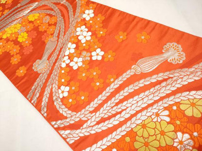 平和屋着物[]極上　七五三　女の子　7歳　祝着・袋帯セット　駒刺繍　扇面御所車花文　暈し染め　金銀彩　逸品　CYAA4460s6