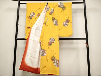 平和屋着物[]極上　七五三　女の子　7歳　祝着・袋帯セット　鞠花文　金彩　山吹色地　逸品　CYAA4461s6