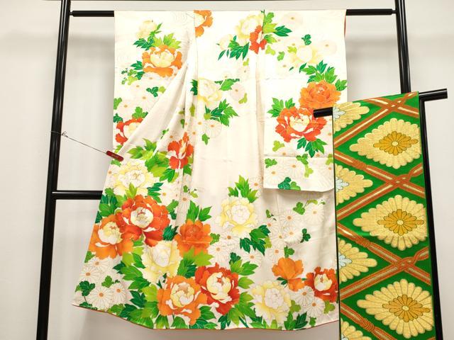 平和屋着物[]極上　七五三　女の子　7歳　祝着・袋帯セット　駒刺繍　牡丹・菊　金彩　白地　逸品　CYAA4462s6