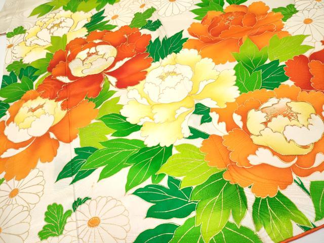平和屋着物[]極上　七五三　女の子　7歳　祝着・袋帯セット　駒刺繍　牡丹・菊　金彩　白地　逸品　CYAA4462s6