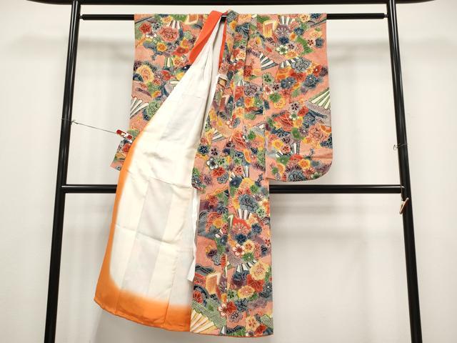平和屋着物[]極上　七五三　女の子　7歳　祝着　型染め　鹿の子扇面花文　緋色　逸品　CYAA4463s6