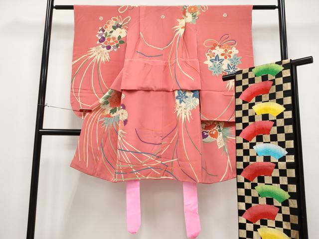 平和屋着物[]極上　アンティーク　大正ロマン　七五三　女の子　7歳　祝着・袋帯セット　薬玉花文　銀朱色地　　逸品　CYAA4467s6