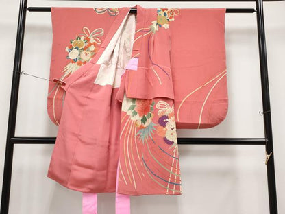 平和屋着物[]極上　アンティーク　大正ロマン　七五三　女の子　7歳　祝着・袋帯セット　薬玉花文　銀朱色地　　逸品　CYAA4467s6