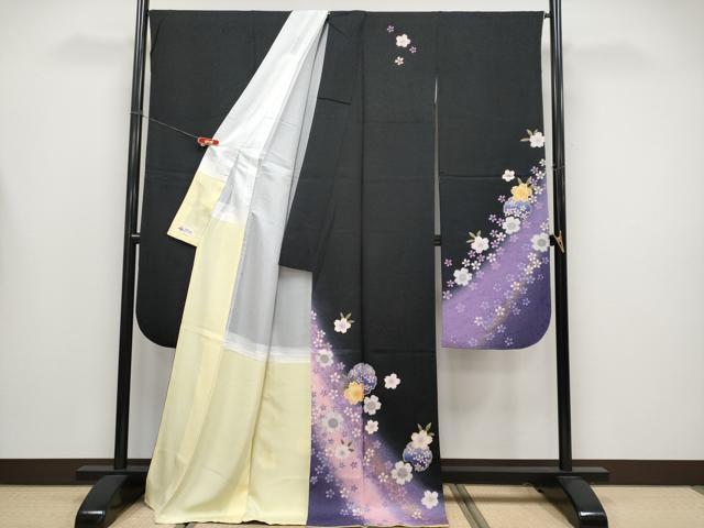 平和屋着物●極上　振袖　雪輪舞桜文　暈し染め　黒地　金彩　やまと誂製　逸品　CYAA4472s6
