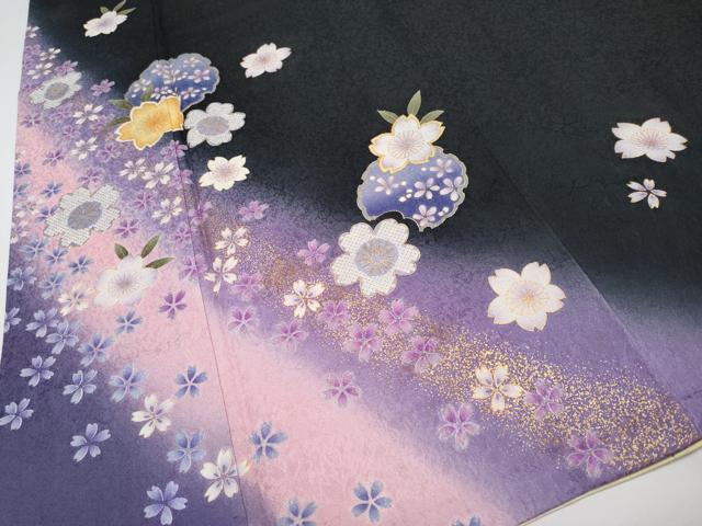 平和屋着物●極上　振袖　雪輪舞桜文　暈し染め　黒地　金彩　やまと誂製　逸品　CYAA4472s6