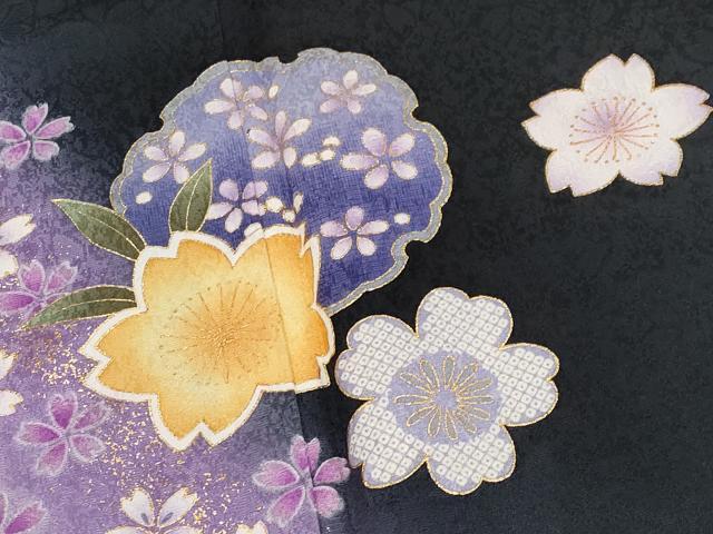 平和屋着物●極上　振袖　雪輪舞桜文　暈し染め　黒地　金彩　やまと誂製　逸品　CYAA4472s6