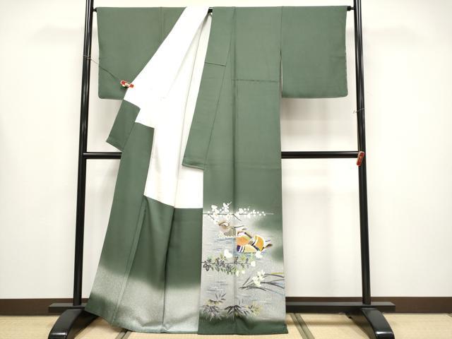 平和屋着物●極上　人間国宝・羽田登喜男 　色留袖　鴛鴦　暈し染め　金銀彩　藍媚茶色地　逸品　未使用　CYAA4479s6