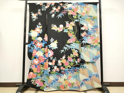 平和屋本店●極上 振袖 友禅 作家物 草花文 黒地 逸品 CYAA4481s6