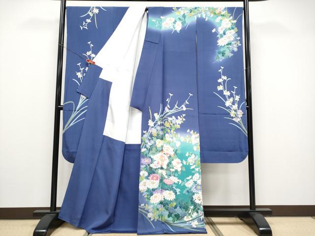 平和屋着物●極上　振袖　友禅　作家物　草花文　暈し染め　紺藍色地　逸品　CYAA4494s6