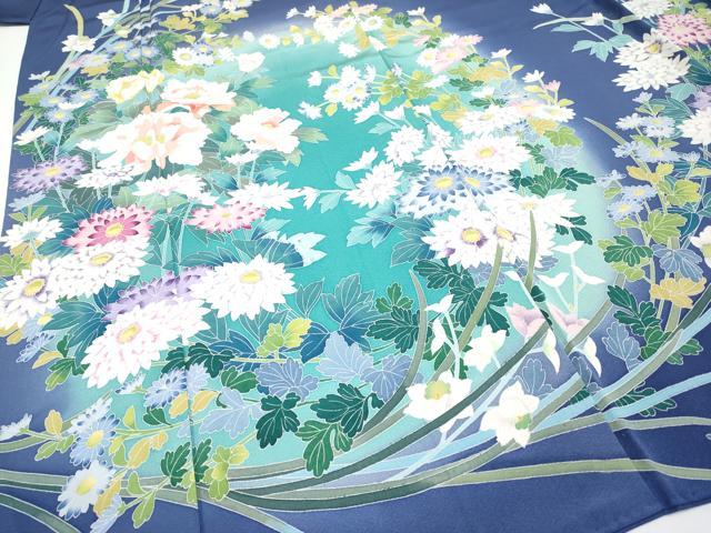 平和屋着物●極上　振袖　友禅　作家物　草花文　暈し染め　紺藍色地　逸品　CYAA4494s6