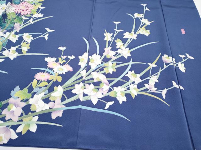 平和屋着物●極上　振袖　友禅　作家物　草花文　暈し染め　紺藍色地　逸品　CYAA4494s6