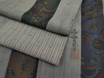 平和屋着物●極上　前田仁仙　仁仙更紗　紬　花鳥間道　煤色地　逸品　CYAA4500s6