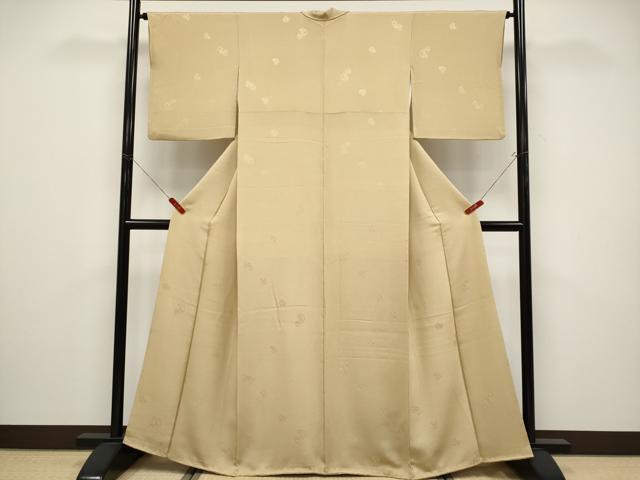 平和屋着物●極上　色無地　特殊草木自然染　オリーブ染　美奈須　雪輪草花地紋　枯色地　反端付き　逸品　CYAA4505s6