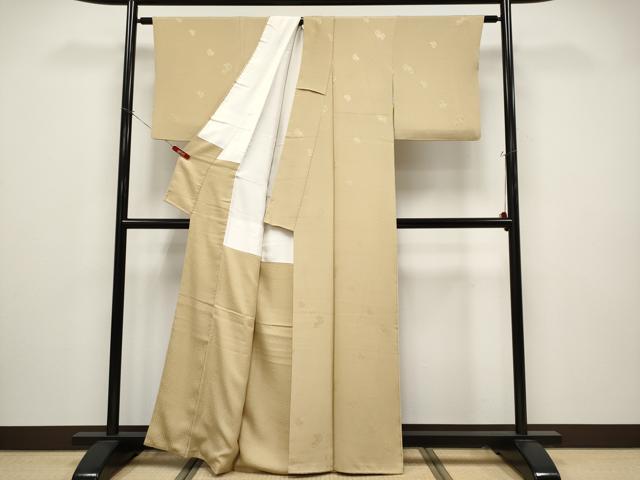 平和屋着物●極上　色無地　特殊草木自然染　オリーブ染　美奈須　雪輪草花地紋　枯色地　反端付き　逸品　CYAA4505s6