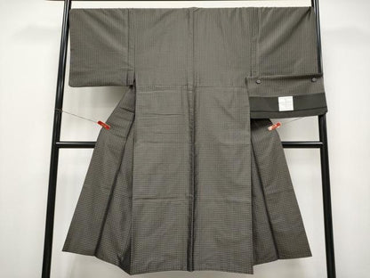 平和屋本店●極上 男性 お召 格子柄 おりころも 反端付き 逸品 CYAA4509s6