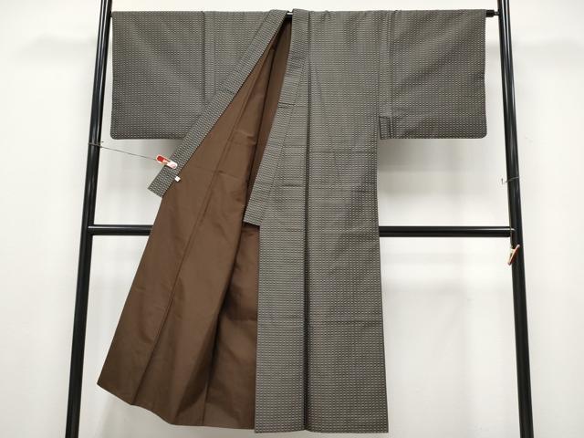 平和屋本店●極上 男性 お召 格子柄 おりころも 反端付き 逸品 CYAA4509s6