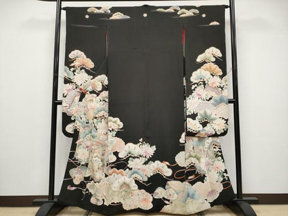平和屋本店●極上 アンティーク 大正ロマン 振袖 駒刺繍 貝桶草花文 黒地 金彩 逸品 CYAA4514s6