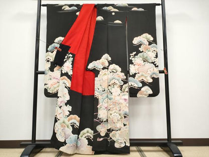 平和屋本店●極上 アンティーク 大正ロマン 振袖 駒刺繍 貝桶草花文 黒地 金彩 逸品 CYAA4514s6