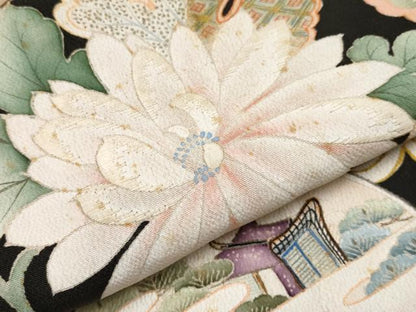 平和屋本店●極上 アンティーク 大正ロマン 振袖 駒刺繍 貝桶草花文 黒地 金彩 逸品 CYAA4514s6