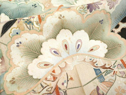 平和屋本店●極上 アンティーク 大正ロマン 振袖 駒刺繍 貝桶草花文 黒地 金彩 逸品 CYAA4514s6