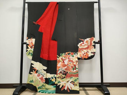 平和屋本店●極上　アンティーク　大正ロマン　振袖　松竹梅群鶴文　黒地　金彩　逸品　CYAA4515s6