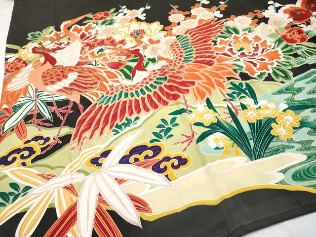 平和屋本店●極上　アンティーク　大正ロマン　振袖　松竹梅群鶴文　黒地　金彩　逸品　CYAA4515s6
