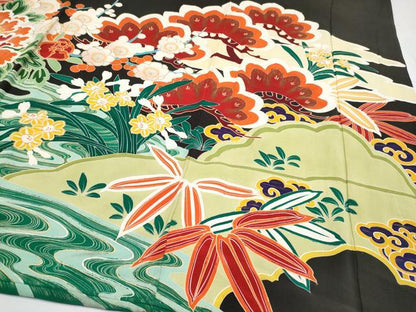 平和屋本店●極上　アンティーク　大正ロマン　振袖　松竹梅群鶴文　黒地　金彩　逸品　CYAA4515s6