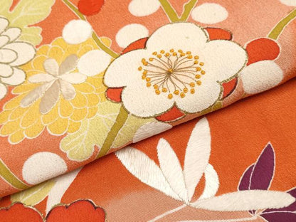 平和屋本店●極上 アンティーク 大正ロマン 中国三大刺繍 相良刺繍 振袖 雲取り枝花文 金彩 丹色地 逸品 CYAA4516s6