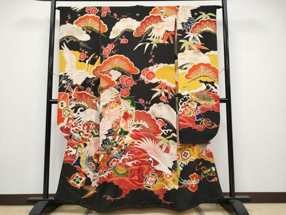 平和屋本店●極上 アンティーク 大正ロマン 中国三大刺繍 相良刺繍 振袖 駒刺繍 飛鶴立波吉祥文 黒地 金彩 逸品 CYAA4517s6