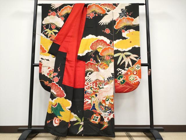 平和屋本店●極上 アンティーク 大正ロマン 中国三大刺繍 相良刺繍 振袖 駒刺繍 飛鶴立波吉祥文 黒地 金彩 逸品 CYAA4517s6