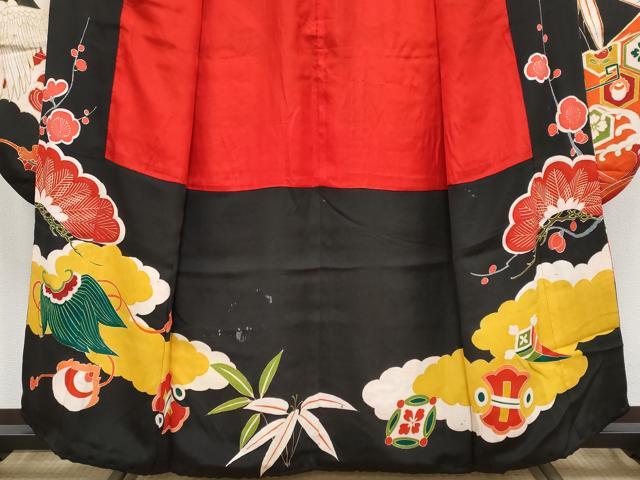 平和屋本店●極上 アンティーク 大正ロマン 中国三大刺繍 相良刺繍 振袖 駒刺繍 飛鶴立波吉祥文 黒地 金彩 逸品 CYAA4517s6