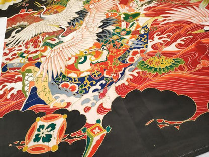 平和屋本店●極上 アンティーク 大正ロマン 中国三大刺繍 相良刺繍 振袖 駒刺繍 飛鶴立波吉祥文 黒地 金彩 逸品 CYAA4517s6
