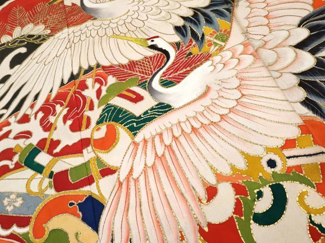 平和屋本店●極上 アンティーク 大正ロマン 中国三大刺繍 相良刺繍 振袖 駒刺繍 飛鶴立波吉祥文 黒地 金彩 逸品 CYAA4517s6