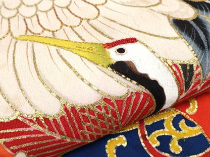 平和屋本店●極上 アンティーク 大正ロマン 中国三大刺繍 相良刺繍 振袖 駒刺繍 飛鶴立波吉祥文 黒地 金彩 逸品 CYAA4517s6