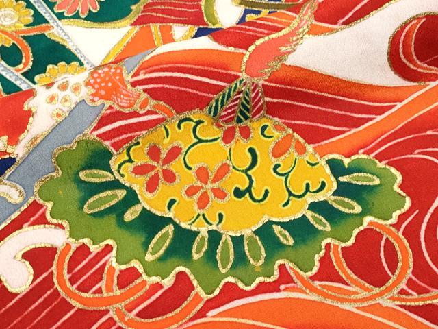 平和屋本店●極上 アンティーク 大正ロマン 中国三大刺繍 相良刺繍 振袖 駒刺繍 飛鶴立波吉祥文 黒地 金彩 逸品 CYAA4517s6