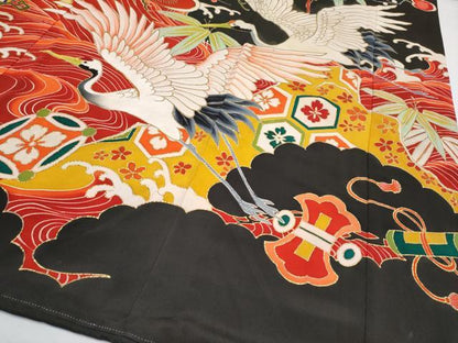 平和屋本店●極上 アンティーク 大正ロマン 中国三大刺繍 相良刺繍 振袖 駒刺繍 飛鶴立波吉祥文 黒地 金彩 逸品 CYAA4517s6
