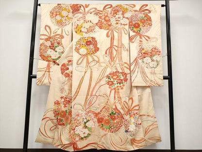 平和屋本店●極上　アンティーク　大正ロマン　振袖　駒刺繍　薬玉花文　金彩　丁子色地　逸品　CYAA4518s6
