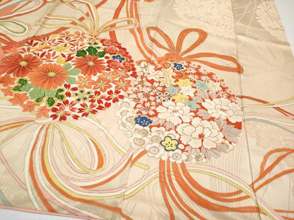 平和屋本店●極上　アンティーク　大正ロマン　振袖　駒刺繍　薬玉花文　金彩　丁子色地　逸品　CYAA4518s6