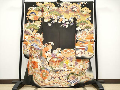 平和屋本店●極上　アンティーク　大正ロマン　振袖　駒刺繍　御所車吉祥花文　暈し染め　金彩　逸品　CYAA4519
