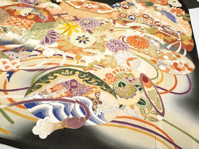 平和屋本店●極上　アンティーク　大正ロマン　振袖　駒刺繍　御所車吉祥花文　暈し染め　金彩　逸品　CYAA4519