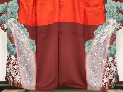 平和屋本店●極上 アンティーク 大正ロマン 振袖 刺繍 孔雀 松竹梅 暈し染め 金糸 鬼しぼ縮緬 葡萄茶色地 逸品 CYAA4521s6