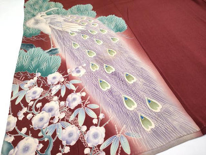 平和屋本店●極上 アンティーク 大正ロマン 振袖 刺繍 孔雀 松竹梅 暈し染め 金糸 鬼しぼ縮緬 葡萄茶色地 逸品 CYAA4521s6