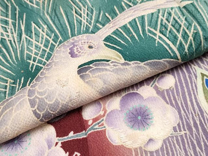平和屋本店●極上 アンティーク 大正ロマン 振袖 刺繍 孔雀 松竹梅 暈し染め 金糸 鬼しぼ縮緬 葡萄茶色地 逸品 CYAA4521s6